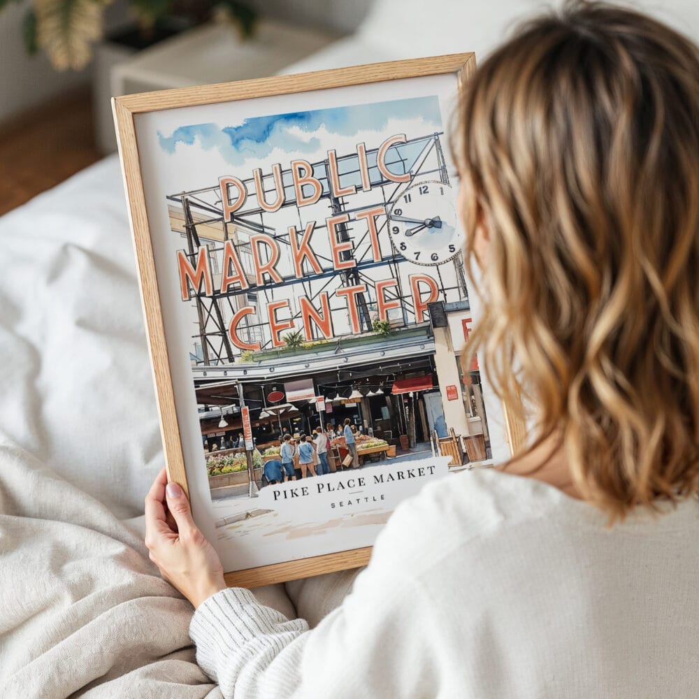 05 - Woman Holding Framed Seattle Pike Place Market Watercolor Wall Art - Portrait 05 - Woman Holding Framed Seattle Pike Place Market Watercolor Wall Art - Portrait