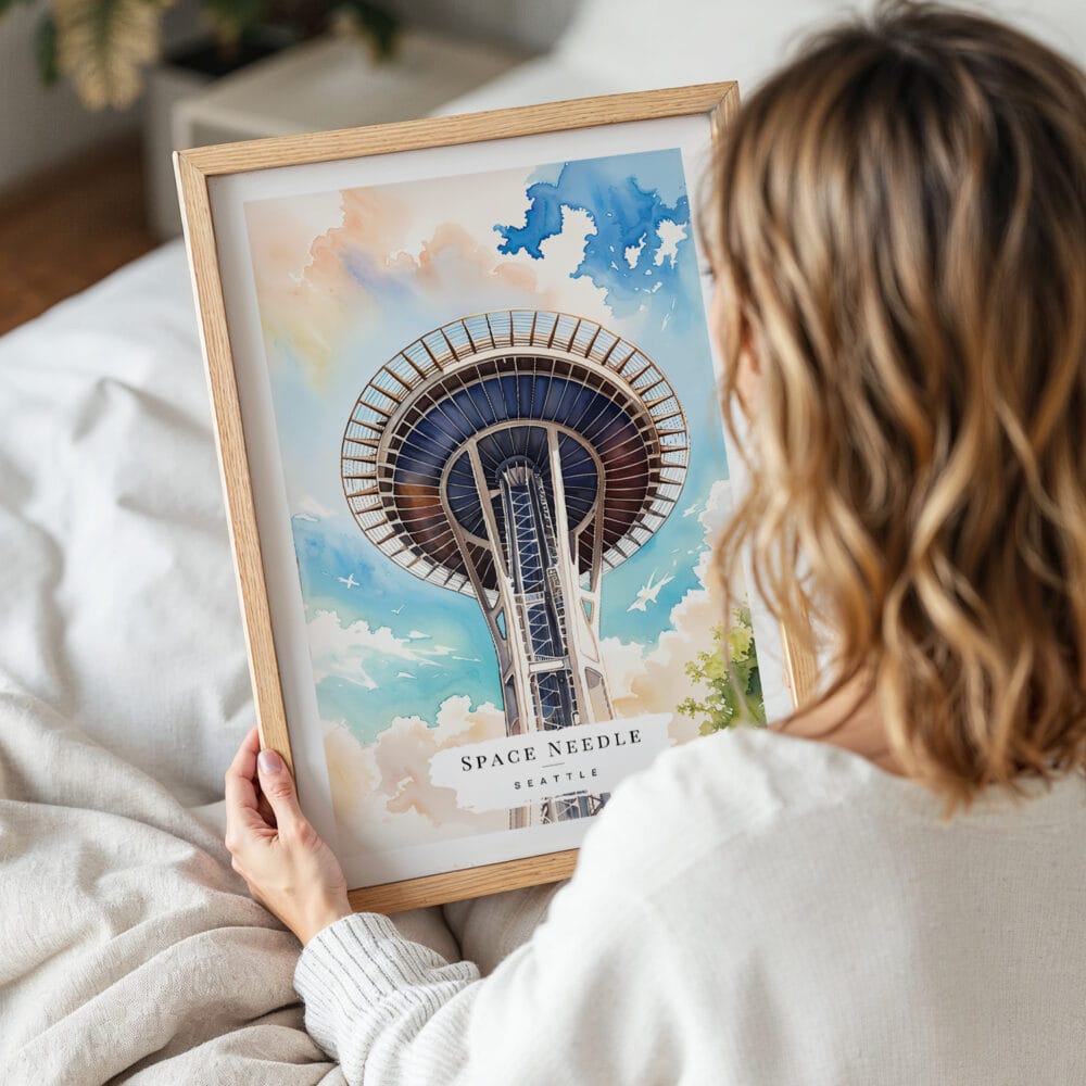 05 - Woman Holding Framed Seattle Space Needle Closeup Watercolor Wall Art - Portrait 05 - Woman Holding Framed Seattle Space Needle Closeup Watercolor Wall Art - Portrait