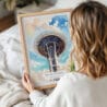 05 - Woman Holding Framed Seattle Space Needle Closeup Watercolor Wall Art - Portrait