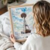 05 - Woman Holding Framed Seattle Space Needle Watercolor Wall Art - Portrait