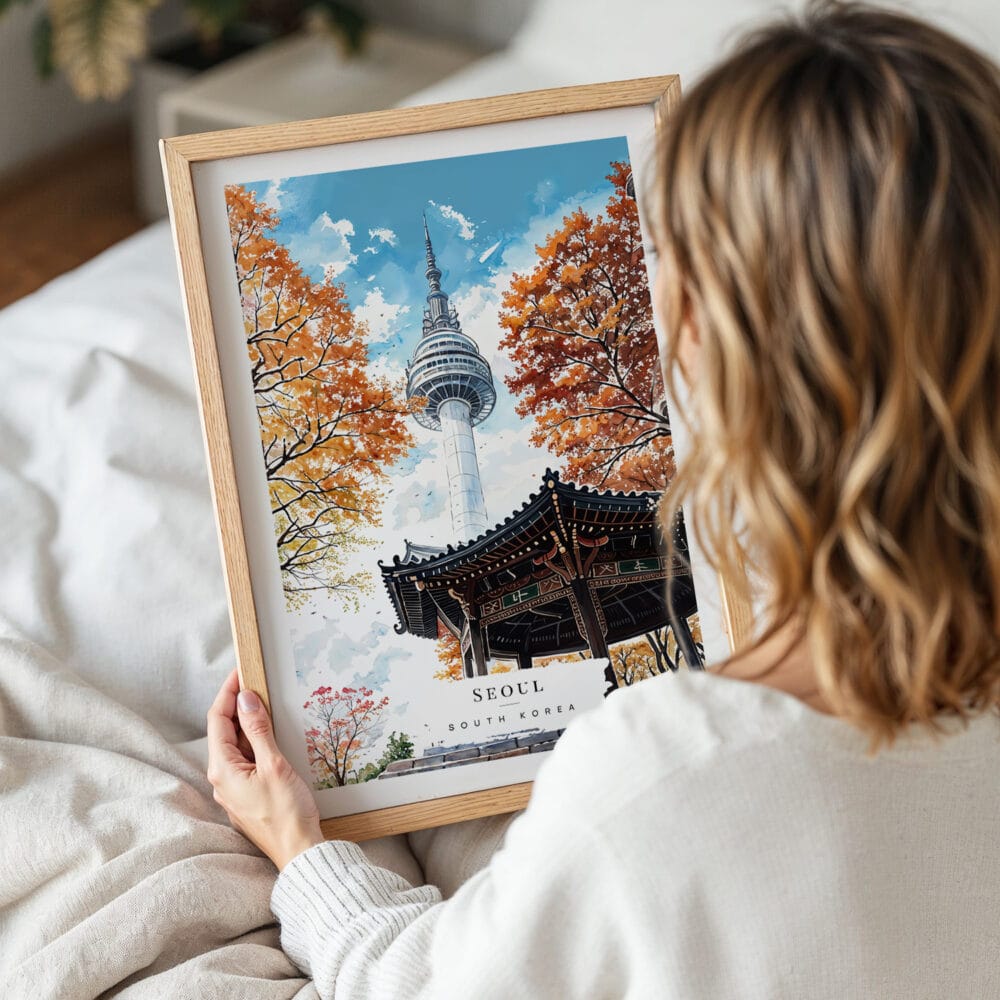 05 - Woman Holding Framed Seoul N Seoul Tower Korea Watercolor Wall Art - Portrait 05 - Woman Holding Framed Seoul N Seoul Tower Korea Watercolor Wall Art - Portrait