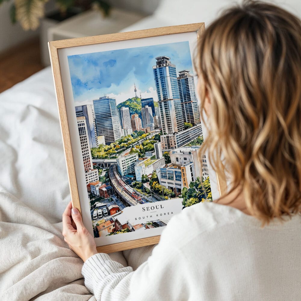 05 - Woman Holding Framed Seoul Skyline Watercolor Wall Art - Portrait 05 - Woman Holding Framed Seoul Skyline Watercolor Wall Art - Portrait