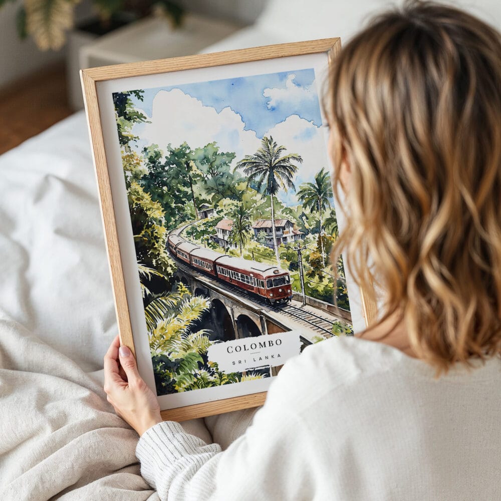 05 - Woman Holding Framed Sri Lanka Train Watercolor Wall Art - Portrait 05 - Woman Holding Framed Sri Lanka Train Watercolor Wall Art - Portrait