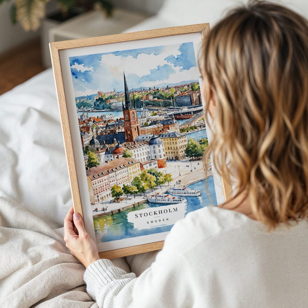 05 - Woman Holding Framed Stockholm Skyline Watercolor Wall Art - Portrait 05 - Woman Holding Framed Stockholm Skyline Watercolor Wall Art - Portrait