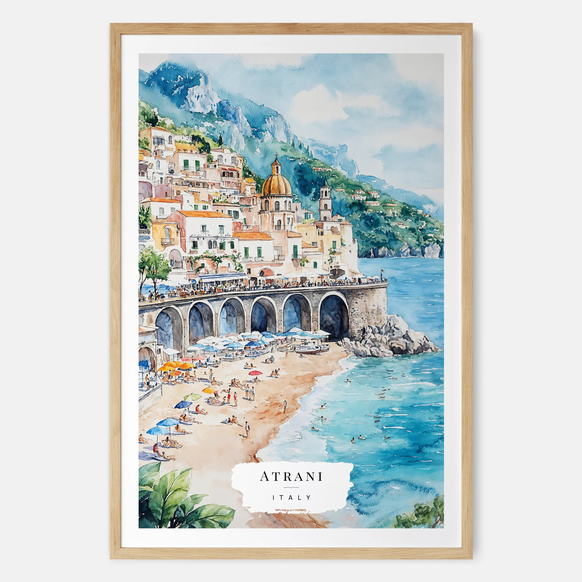 Atrani Town Watercolor Painting - Italy Coastal Art Print