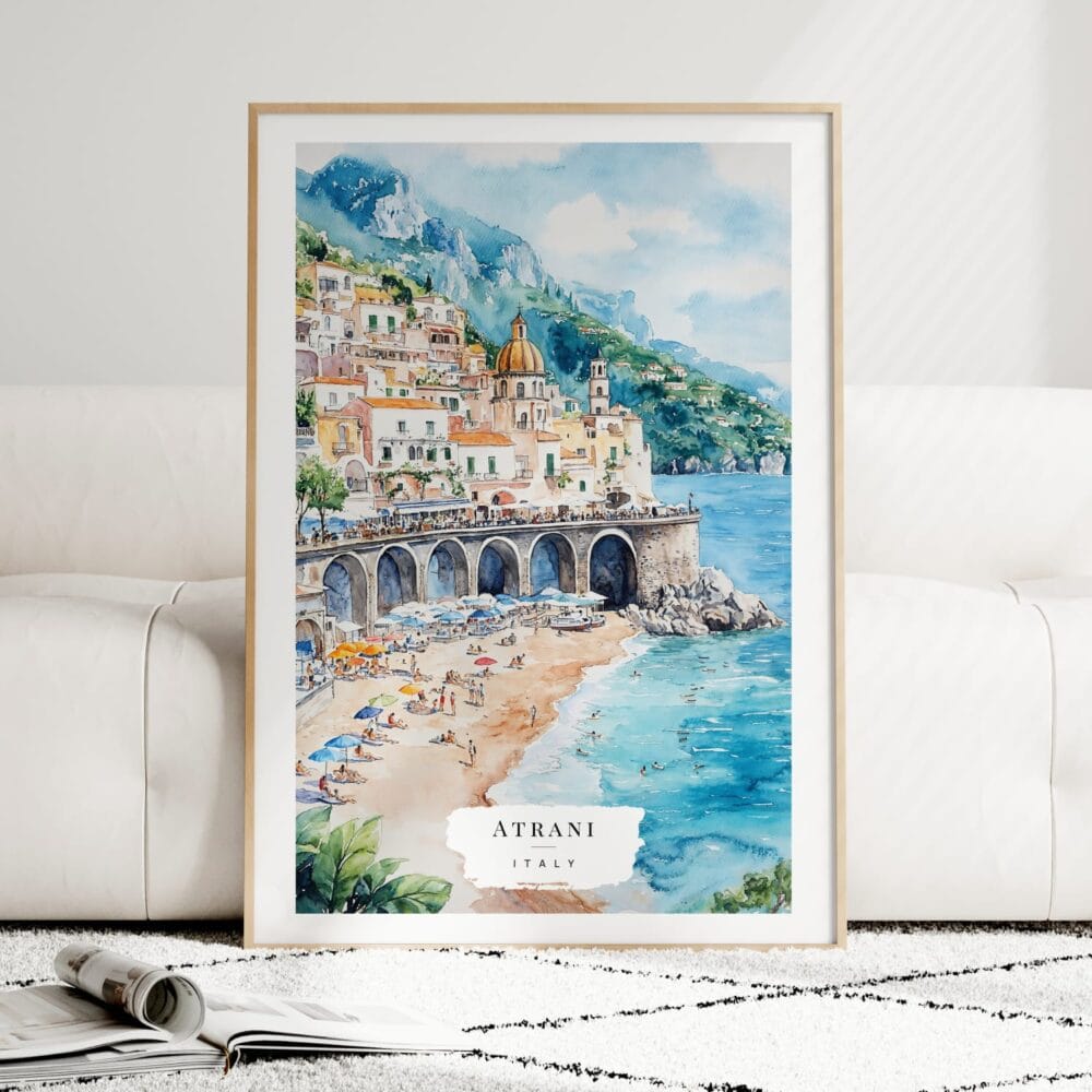 Atrani Italy Watercolor Art Print - Wood Frame standing on Floor Atrani Italy Watercolor Art Print - Wood Frame standing on Floor