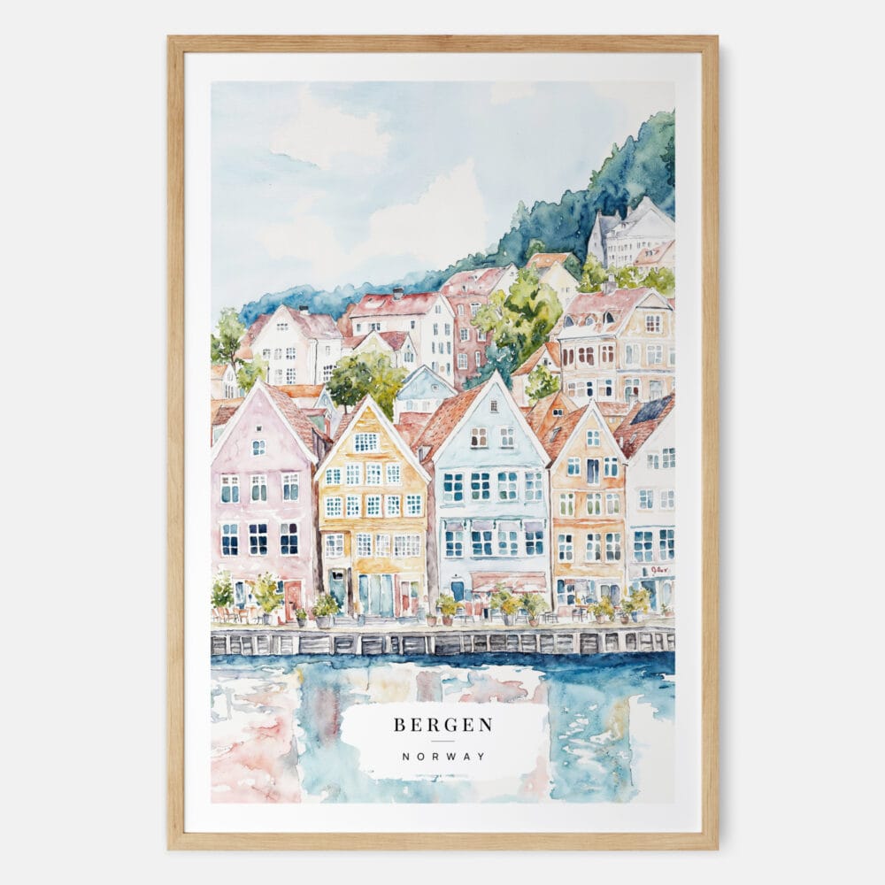 Bergen Norway Houses Watercolor Art Print - Main - Wood Frame