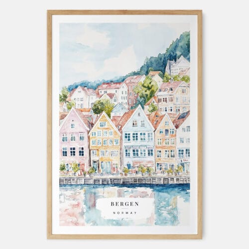 Bergen Norway Houses Watercolor Art Print - Main - Wood Frame