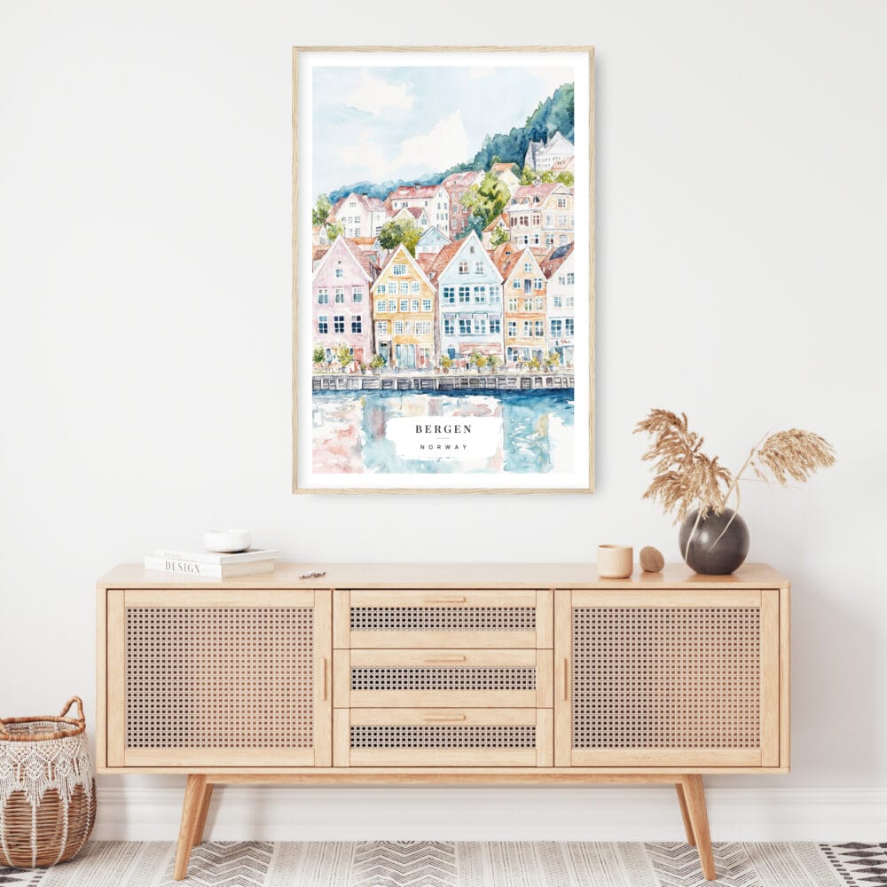 Bergen Norway Houses Watercolor Art Print - Shelf - Portrait Bergen Norway Houses Watercolor Art Print - Shelf - Portrait