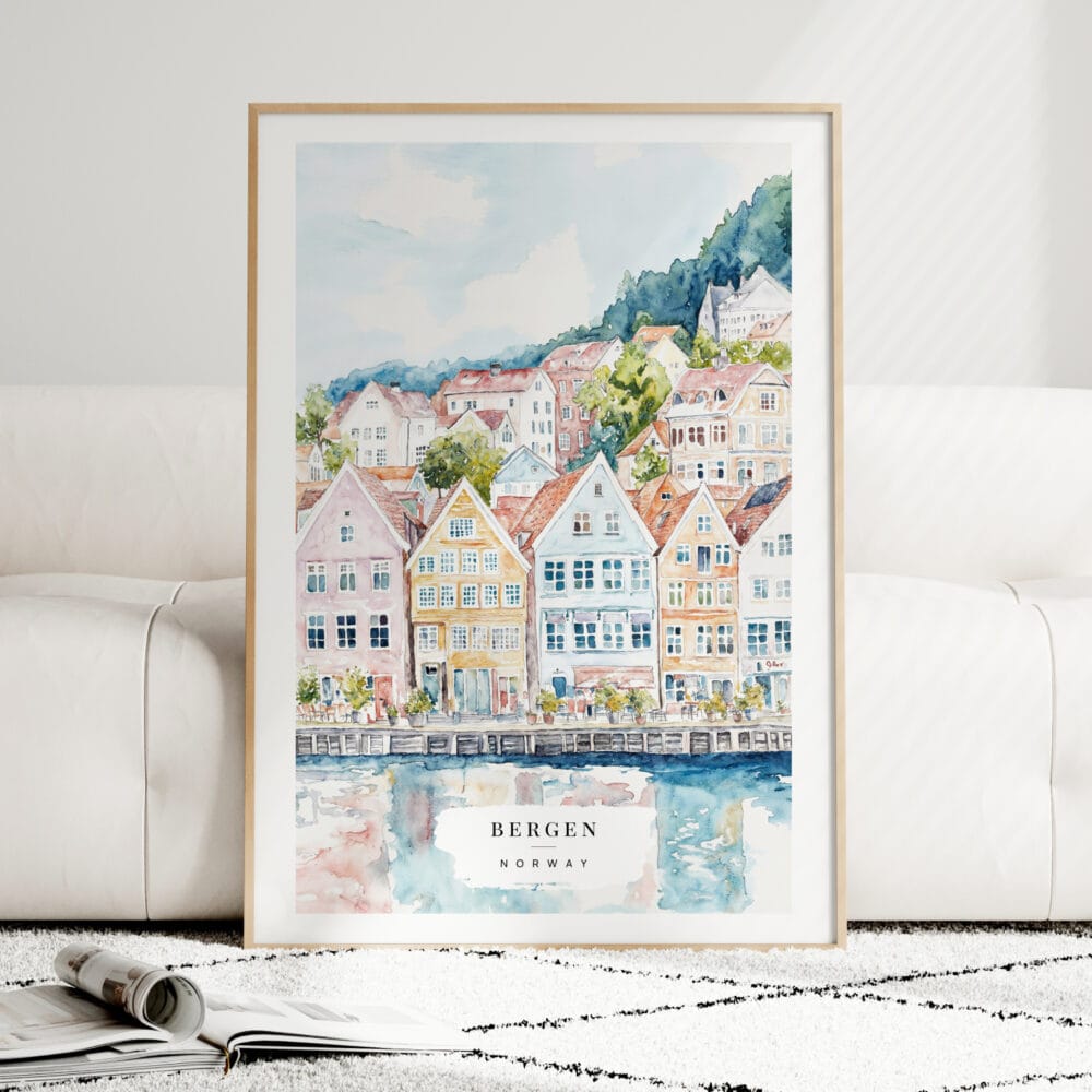 Bergen Norway Houses Watercolor Art Print - Wood Frame standing on Floor Bergen Norway Houses Watercolor Art Print - Wood Frame standing on Floor