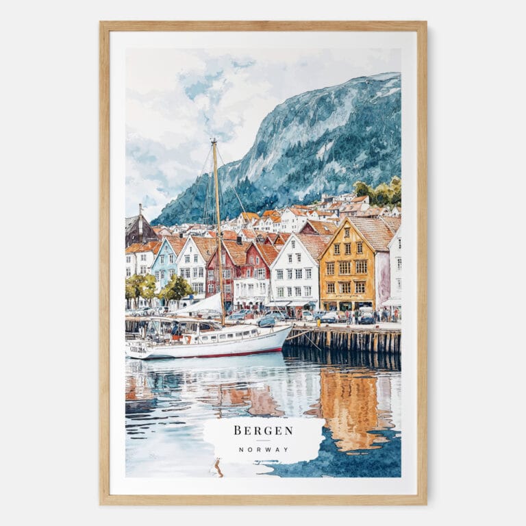 Bergen Norway Watercolor Art Print - Main - Wood Frame