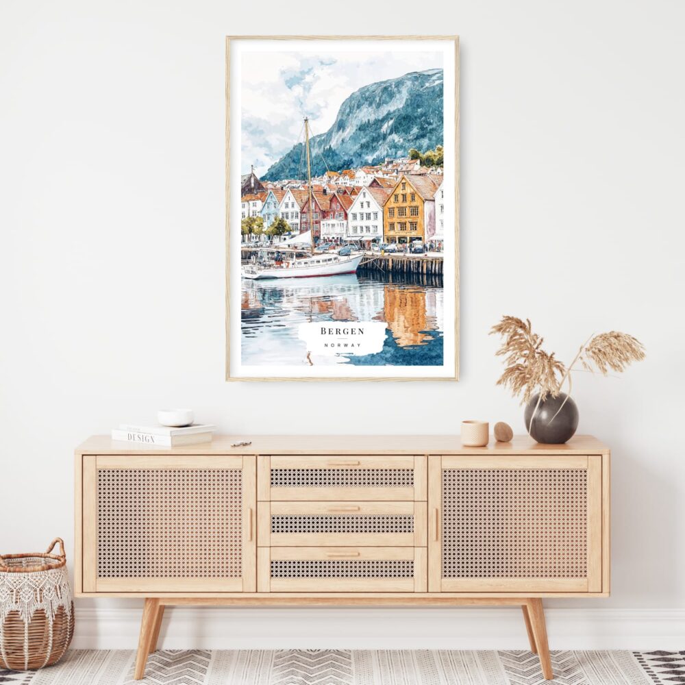Bergen Norway Watercolor Art Print - Shelf - Portrait Bergen Norway Watercolor Art Print - Shelf - Portrait