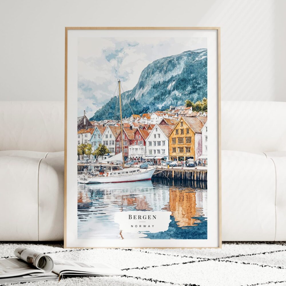 Bergen Norway Watercolor Art Print - Wood Frame standing on Floor Bergen Norway Watercolor Art Print - Wood Frame standing on Floor