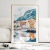 Bergen Norway Watercolor Art Print - Wood Frame standing on Floor
