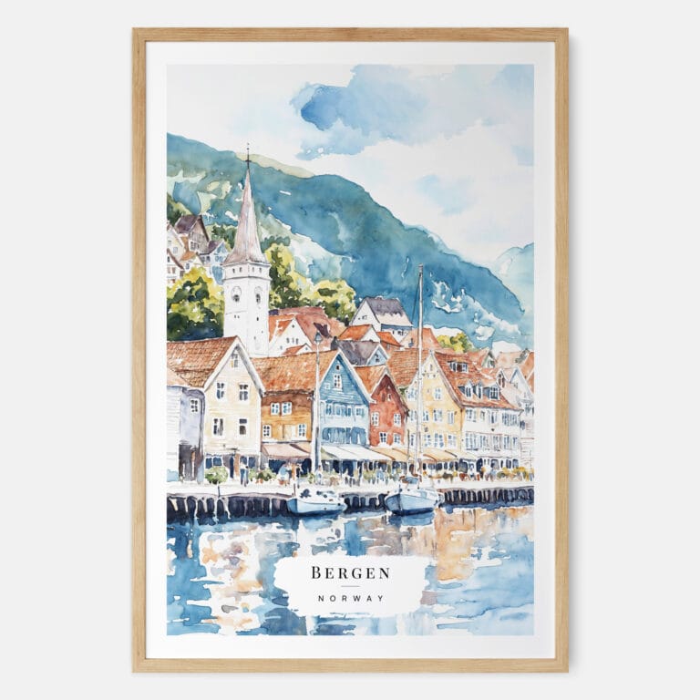 Bergen Norway Waterfront Watercolor Art Print - Main - Wood Frame