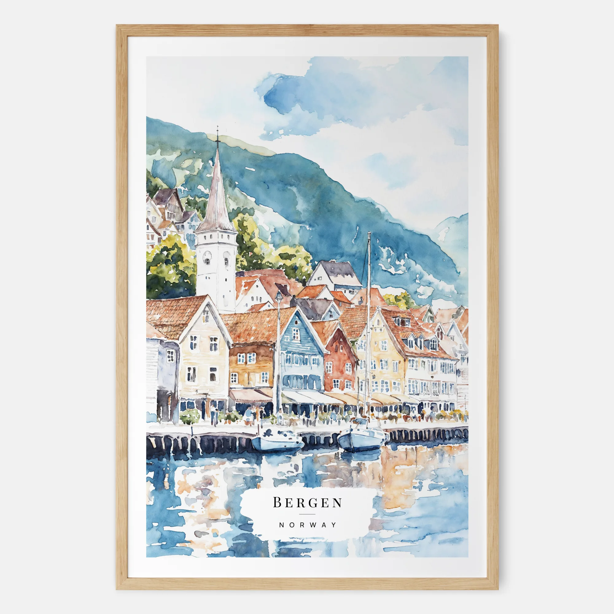 Bergen Waterfront Watercolor Art Print - Norway Travel Art