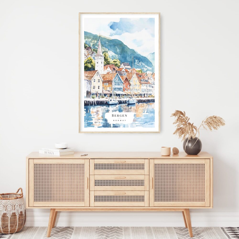 Bergen Norway Waterfront Watercolor Art Print - Shelf - Portrait Bergen Norway Waterfront Watercolor Art Print - Shelf - Portrait