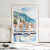 Bergen Norway Waterfront Watercolor Art Print - Wood Frame standing on Floor