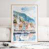 Bergen Norway Waterfront Watercolor Art Print - Wood Frame standing on Floor