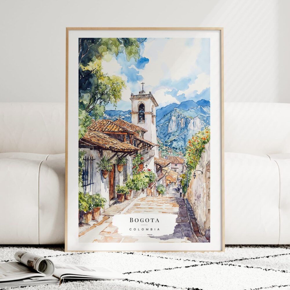 Bogota Colombia Watercolor Art Print - Wood Frame standing on Floor Bogota Colombia Watercolor Art Print - Wood Frame standing on Floor