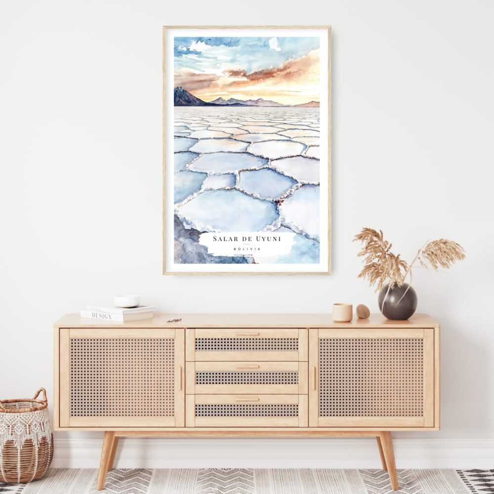 Bolivia Salar de Uyuni Watercolor Art Print - Shelf - Portrait Bolivia Salar de Uyuni Watercolor Art Print - Shelf - Portrait