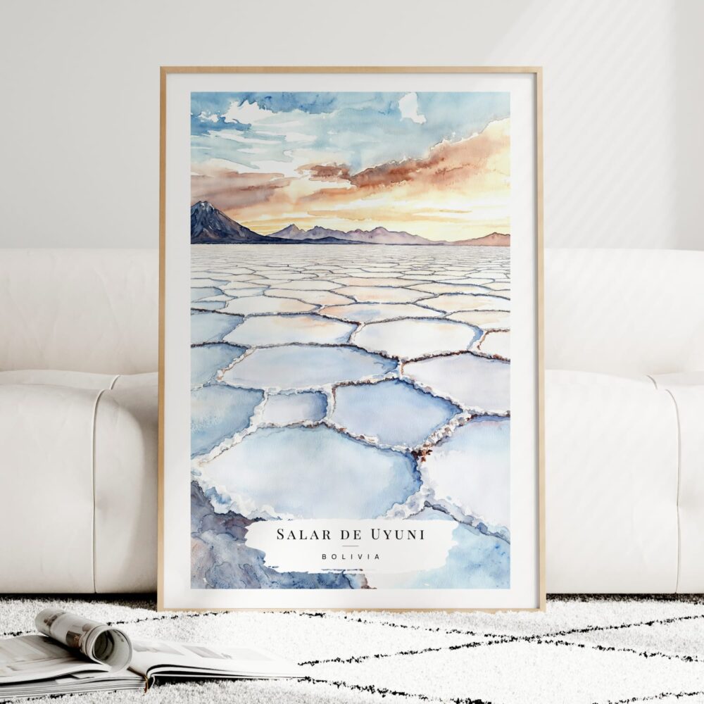 Bolivia Salar de Uyuni Watercolor Art Print - Wood Frame standing on Floor Bolivia Salar de Uyuni Watercolor Art Print - Wood Frame standing on Floor