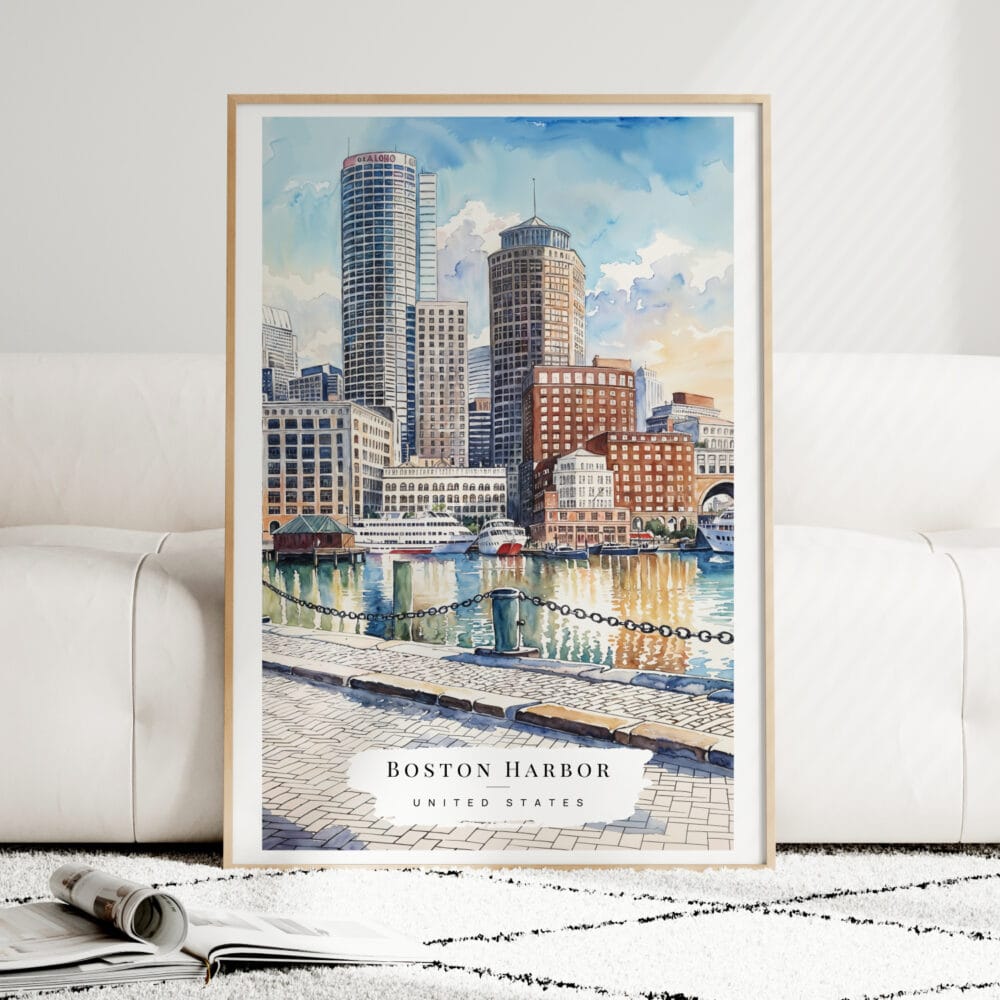Boston Harbor Watercolor Art Print - Wood Frame standing on Floor Boston Harbor Watercolor Art Print - Wood Frame standing on Floor