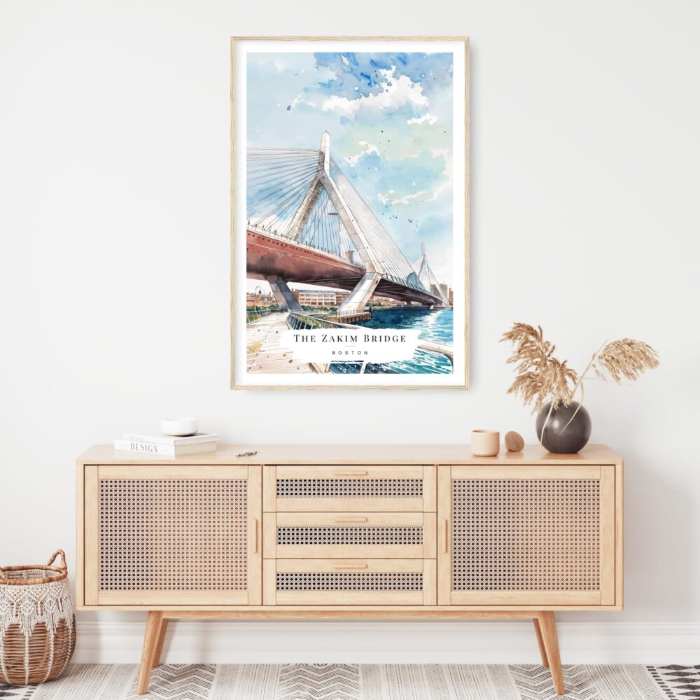 Boston Zakim Bridge Watercolor Art Print - Shelf - Portrait Boston Zakim Bridge Watercolor Art Print - Shelf - Portrait