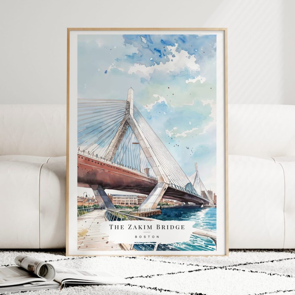 Boston Zakim Bridge Watercolor Art Print - Wood Frame standing on Floor Boston Zakim Bridge Watercolor Art Print - Wood Frame standing on Floor