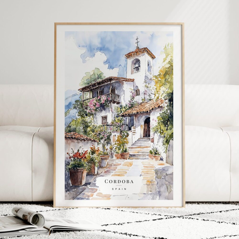 Cordoba Spain Watercolor Art Print - Wood Frame standing on Floor Cordoba Spain Watercolor Art Print - Wood Frame standing on Floor