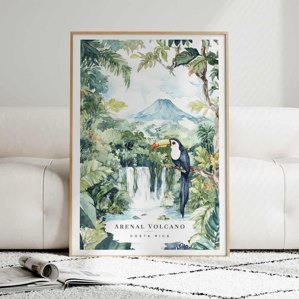 Costa Rica Arenal Vulcano Watercolor Art Print - Wood Frame standing on Floor Costa Rica Arenal Vulcano Watercolor Art Print - Wood Frame standing on Floor