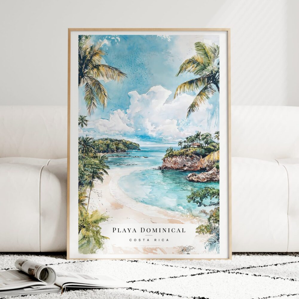 Costa Rica Playa Dominical Watercolor Art Print - Wood Frame standing on Floor Costa Rica Playa Dominical Watercolor Art Print - Wood Frame standing on Floor