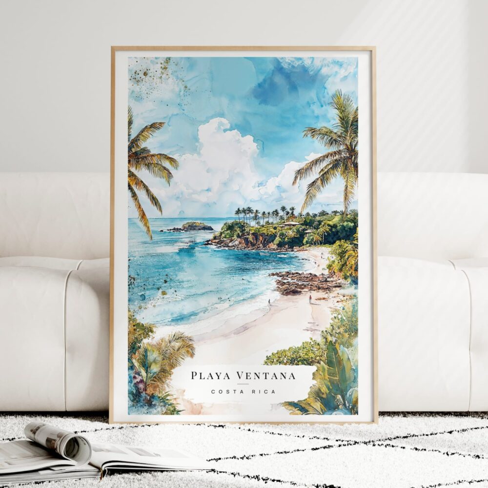 Costa Rica Playa Ventana Watercolor Art Print - Wood Frame standing on Floor Costa Rica Playa Ventana Watercolor Art Print - Wood Frame standing on Floor