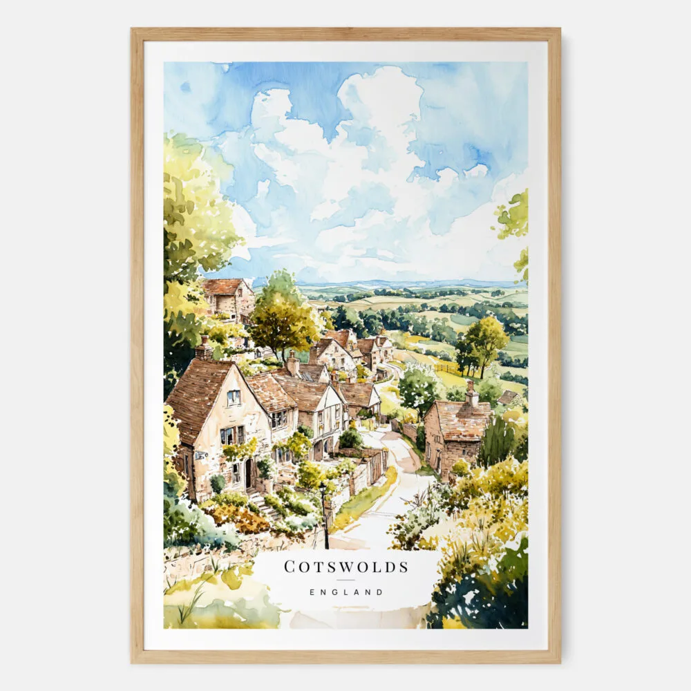 Cotswolds Watercolor Art Print - Main - Wood Frame Cotswolds Watercolor Art Print - Main - Wood Frame