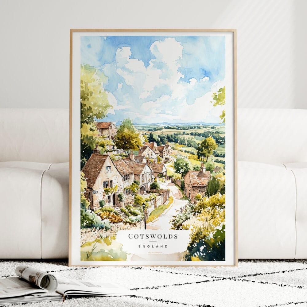 Cotswolds Watercolor Art Print - Wood Frame standing on Floor Cotswolds Watercolor Art Print - Wood Frame standing on Floor