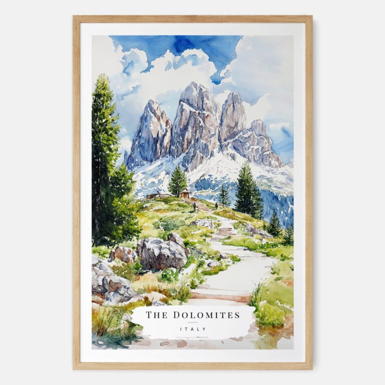 Dolomites Hiking Watercolor Art Print - Main - Wood Frame