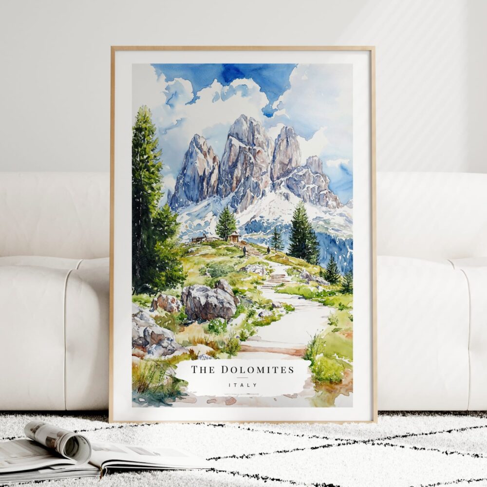 Dolomites Hiking Watercolor Art Print - Wood Frame standing on Floor Dolomites Hiking Watercolor Art Print - Wood Frame standing on Floor
