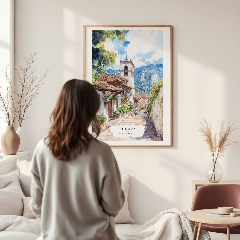 Framed Bogota Colombia Watercolor Wall Art - In Living Room with Woman Looking at it - Portrait Framed Bogota Colombia Watercolor Wall Art - In Living Room with Woman Looking at it - Portrait
