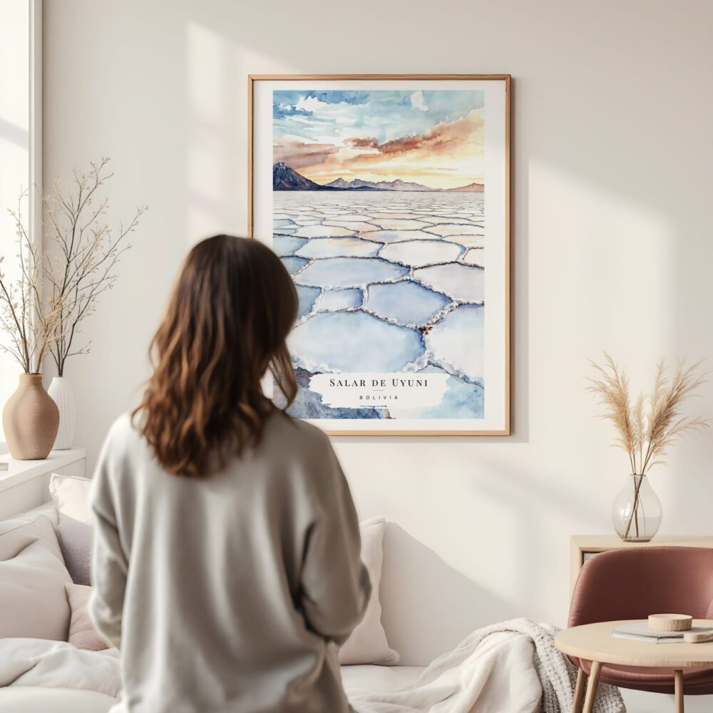 Framed Bolivia Salar de Uyuni Watercolor Wall Art - In Living Room with Woman Looking at it - Portrait Framed Bolivia Salar de Uyuni Watercolor Wall Art - In Living Room with Woman Looking at it - Portrait