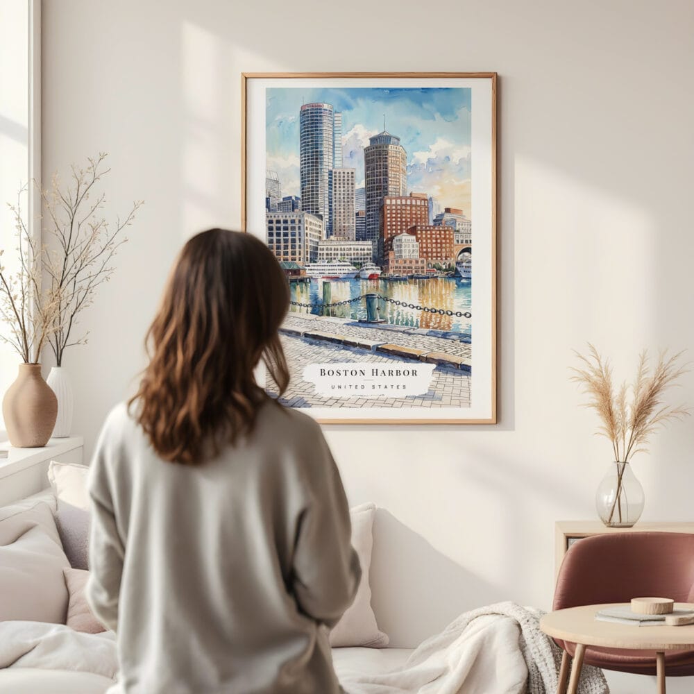 Framed Boston Harbor Watercolor Wall Art - In Living Room with Woman Looking at it - Portrait Framed Boston Harbor Watercolor Wall Art - In Living Room with Woman Looking at it - Portrait