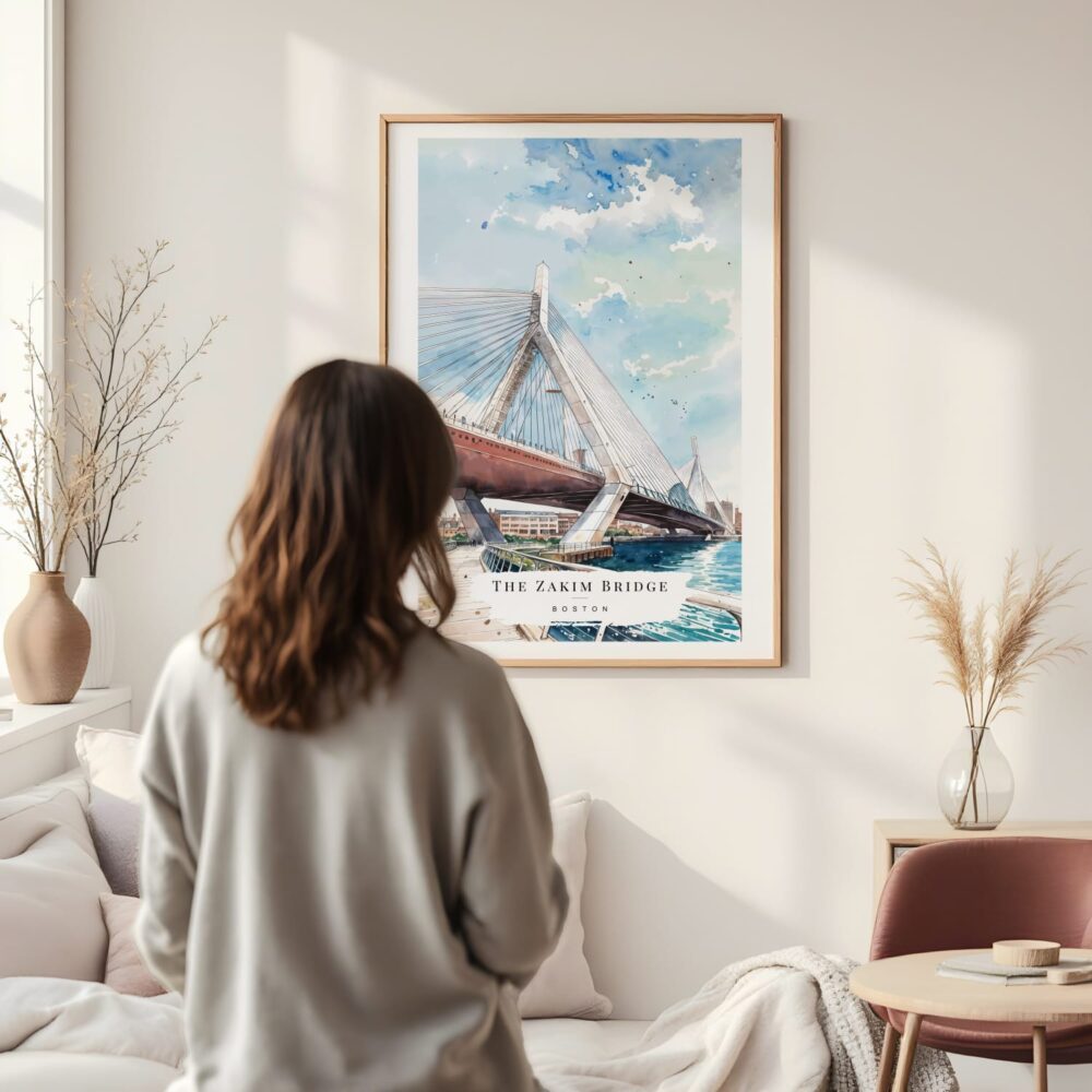 Framed Boston Zakim Bridge Watercolor Wall Art - In Living Room with Woman Looking at it - Portrait Framed Boston Zakim Bridge Watercolor Wall Art - In Living Room with Woman Looking at it - Portrait