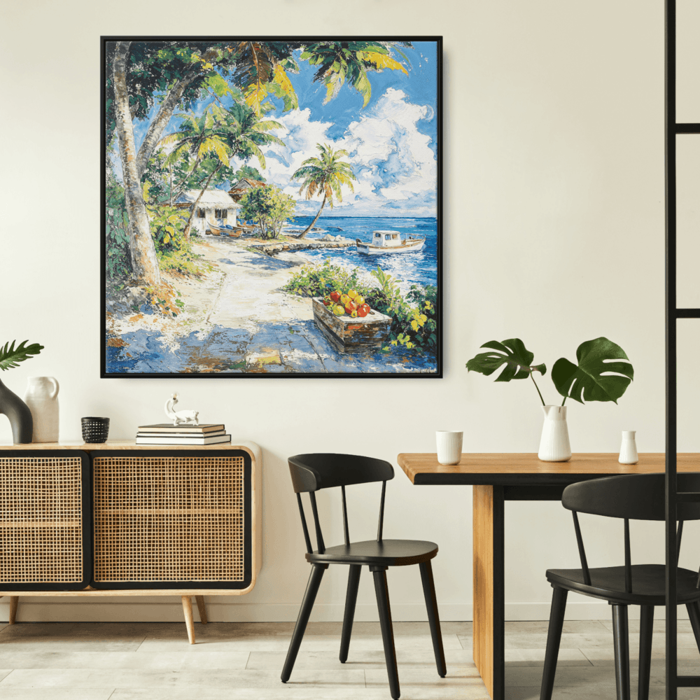 Framed Caribbean Canvas Wall Art - Square - Boho Dining Room Framed Caribbean Canvas Wall Art - Square - Boho Dining Room