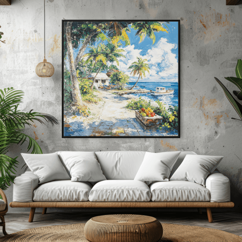 Framed Caribbean Canvas Wall Art - Square - Tropical Living Room Framed Caribbean Canvas Wall Art - Square - Tropical Living Room