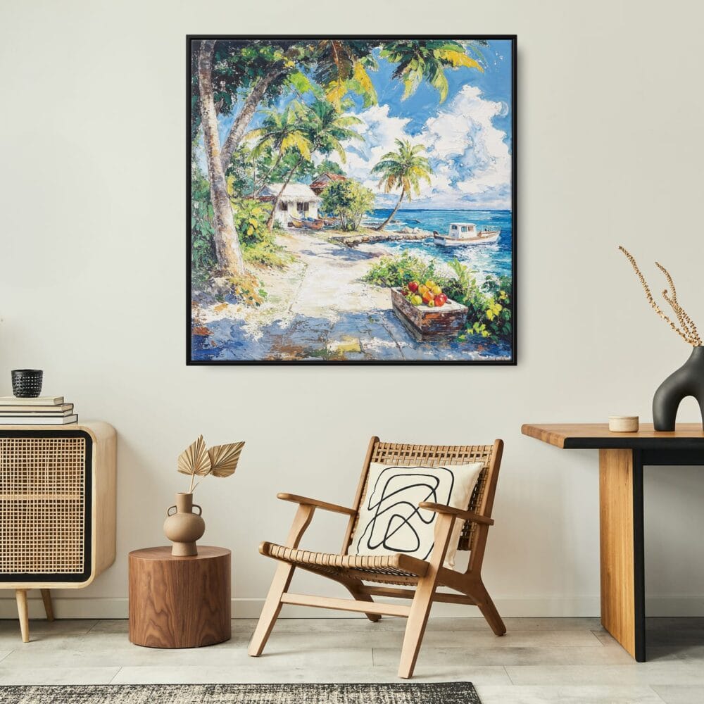 Framed Caribbean Painting Canvas Wall Art - Square - Boho Lounge Chair Framed Caribbean Painting Canvas Wall Art - Square - Boho Lounge Chair