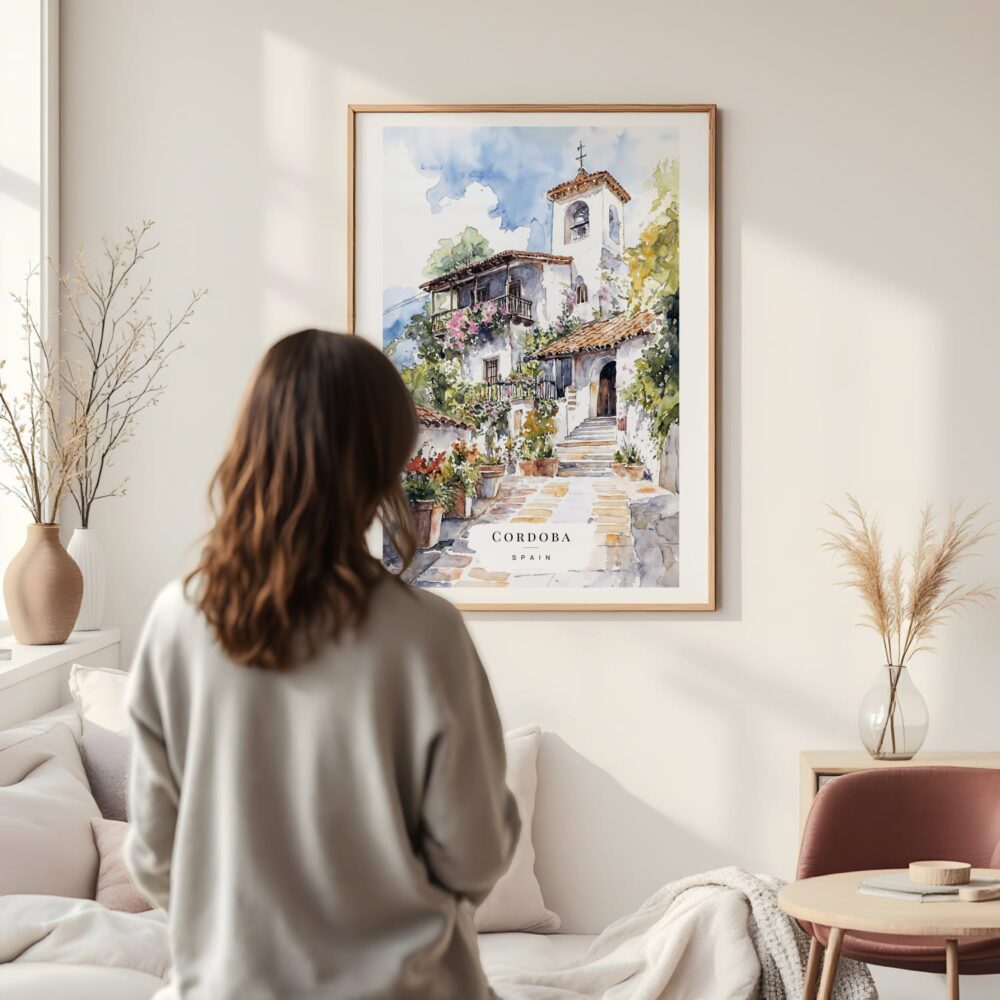 Framed Cordoba Spain Watercolor Wall Art - In Living Room with Woman Looking at it - Portrait Framed Cordoba Spain Watercolor Wall Art - In Living Room with Woman Looking at it - Portrait