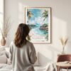 Framed Costa Rica Playa Dominical Watercolor Wall Art - In Living Room with Woman Looking at it - Portrait