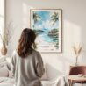 Framed Costa Rica Playa Dominical Watercolor Wall Art - In Living Room with Woman Looking at it - Portrait