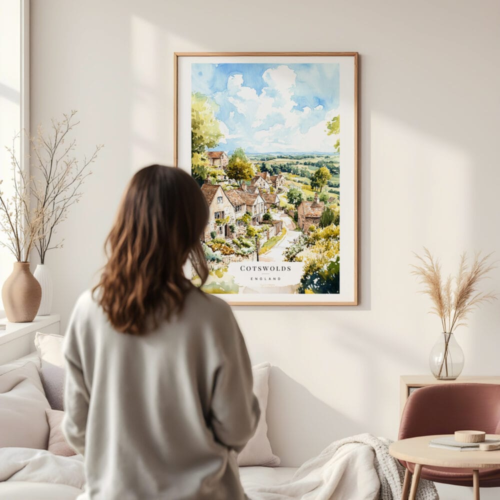 Framed Cotswolds Watercolor Wall Art - In Living Room with Woman Looking at it - Portrait Framed Cotswolds Watercolor Wall Art - In Living Room with Woman Looking at it - Portrait