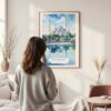 Framed Istanbul Blue Mosque Watercolor Wall Art - In Living Room with Woman Looking at it - Portrait