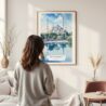 Framed Istanbul Blue Mosque Watercolor Wall Art - In Living Room with Woman Looking at it - Portrait